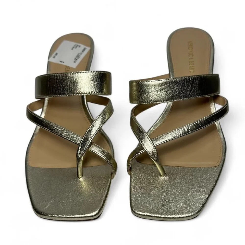 VERONICA BEARD Alanis Strappy Slip On Mid Heel Sandals, Gold, Size 8, NWOB
